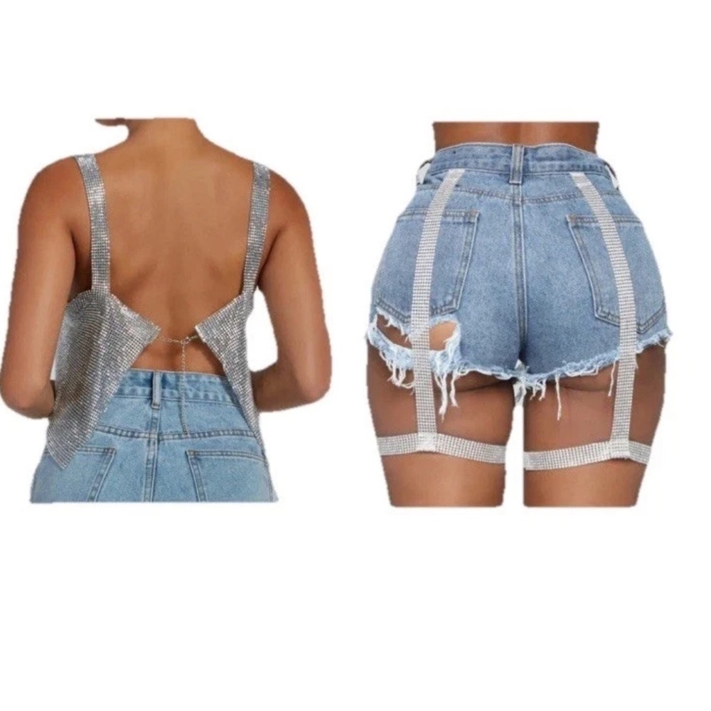 Fashion Nova Rhinestone Jeweled Backless Top W/Fringe Denim Shorts Size L/XL